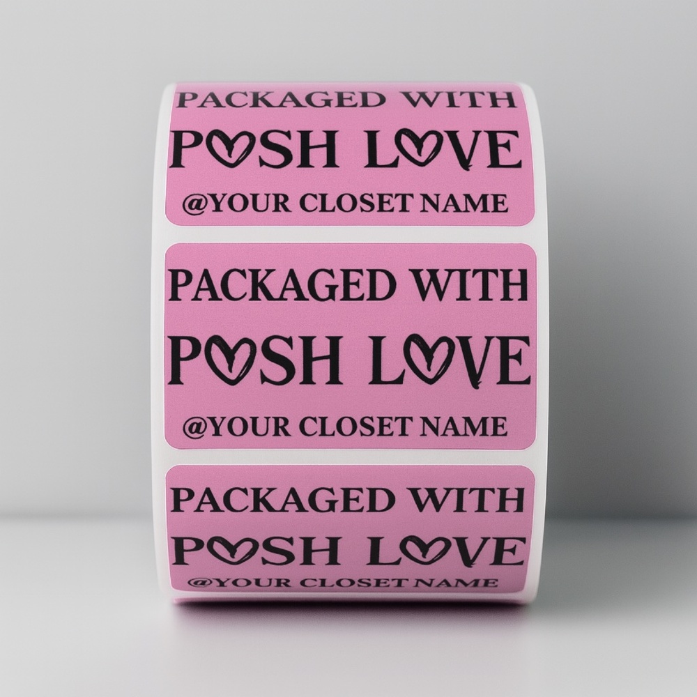 100-Pack “Packaged with Posh Love” Custom W/ YOUR  Closet Name Stickers labels